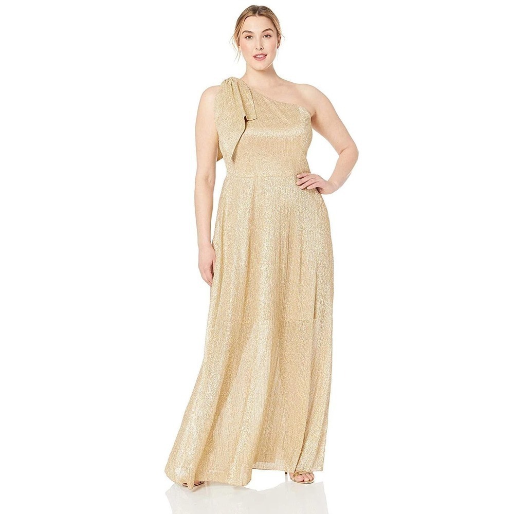 🔴DRESS THE POPULATION Savannah One Shoulder Sleeveless Shiny Grecian Gown